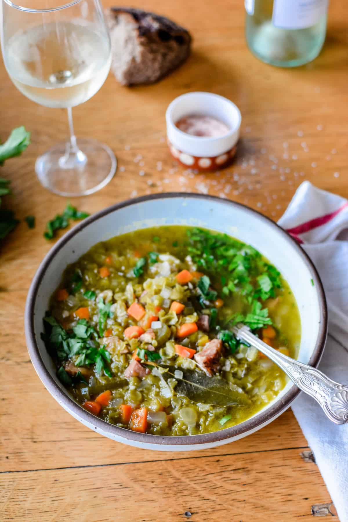 Not your traditional Mexican soup, but our family loves it in the winter time. Hearty and filling with creamy split peas and hunks of smoked ham.