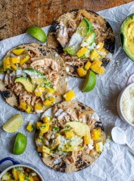 three shredded chicken tacos