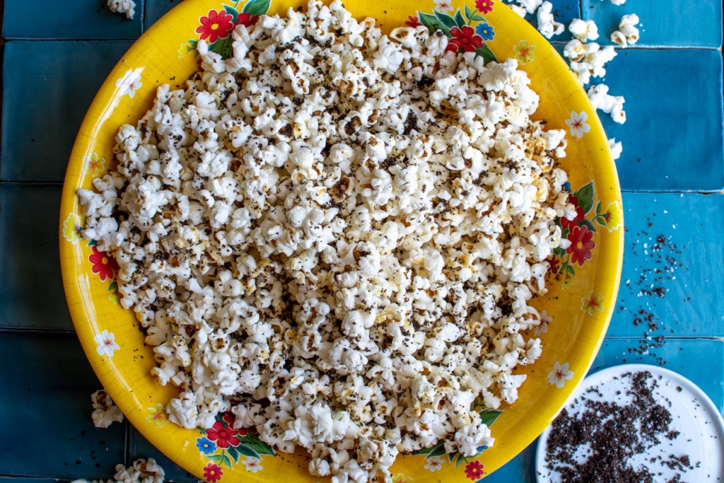 chili lime popcorn in a yellow bowl