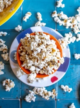 chili lime popcorn in an orange bowl