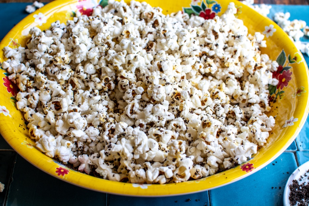 chili lime popcorn in a yellow bowl