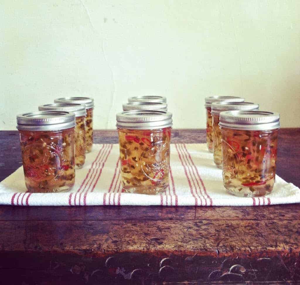 Homemade Apple Hot Pepper Jelly makes the most delicious gifts not to mention it is the perfect balance of sweet and spicy. Try with cheddar pie crackers!