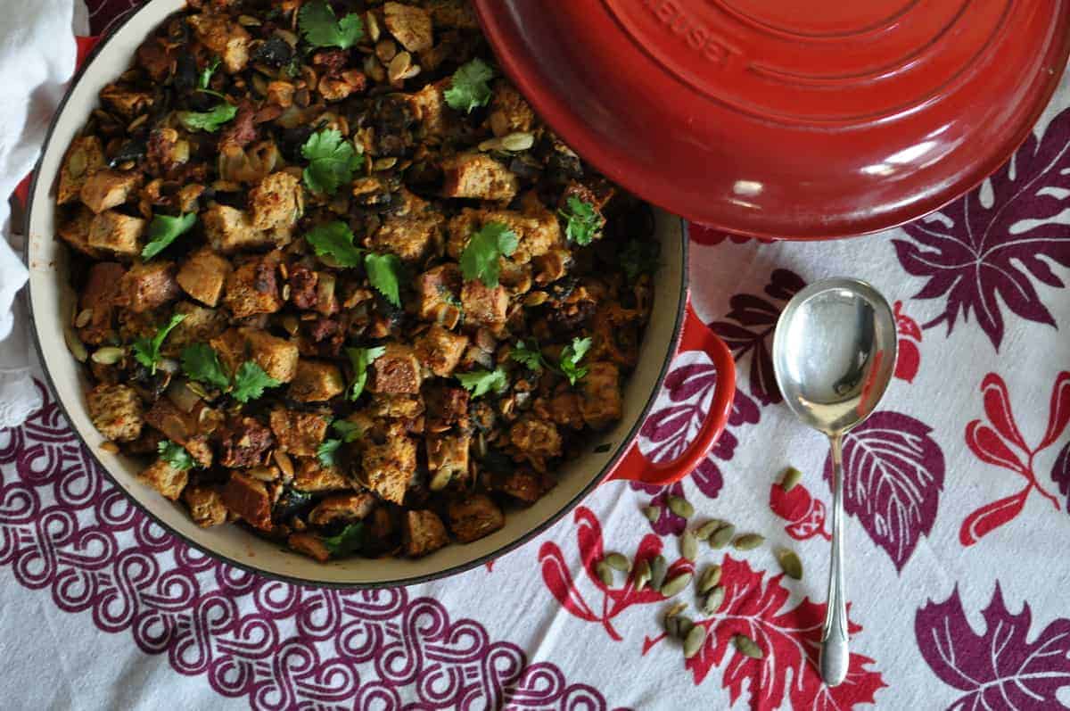 This Spicy Chorizo and Poblano Stuffing has everything we love about traditional Thanksgiving stuffing with festive touches of charred poblanos and chorizo.