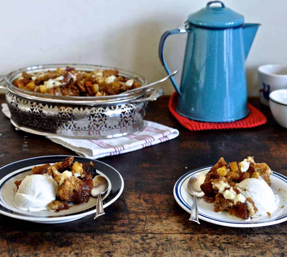 Pineapple and pecan capirotada is a Mexican-style bread pudding made with sweetened cinnamon syrup, fresh cheese, toasted pecans and juicy pineapple.