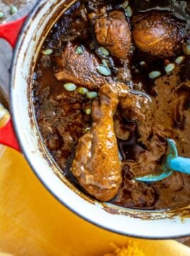 A pot of chicken mole with a blue spoon in it.