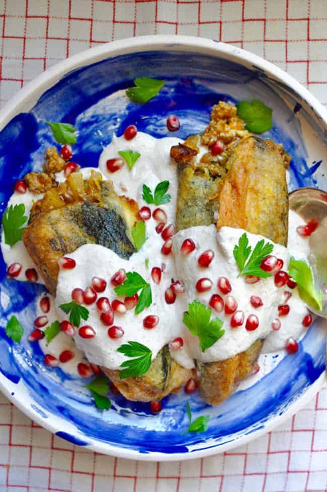 How to make Chiles en Nogada or Stuffed Poblano Chiles, the traditional Mexican dish served on Dies y Sies de Septiembre or Mexican Independence Day.