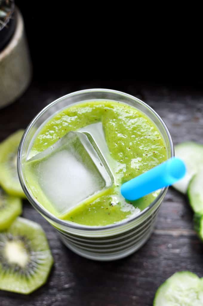 This green tea smoothie is a delicious way to wake-up! Brewed green tea and baby kale make an antioxidant power drink sweetened with kiwi and frozen mango.