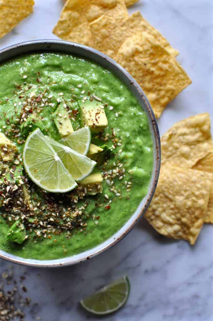 A simple (and simply addictive) tomatillo avocado salsa with raw tomatillos, avocados, and chiles, and blended until smooth and creamy, ready in 10 minutes!