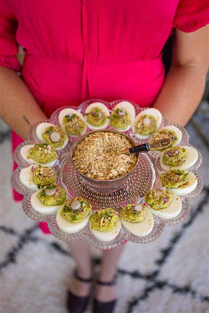 These irresistible avocado deviled eggs are use fresh, ripe avocado instead of mayonnaise. The Egyptian spice blend, dukkah gives them a nutty finish.