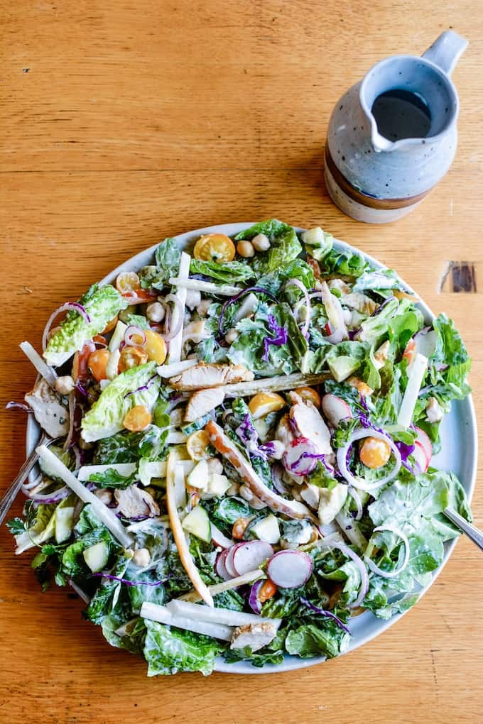 An incredibly satisfying Mexican Chopped Salad filled with chipotle-lime chicken, jicama, romaine, and lots of veggies dressed with creamy buttermilk ranch. #sponsored #holajalapeno #HVRlove #choppedsalad