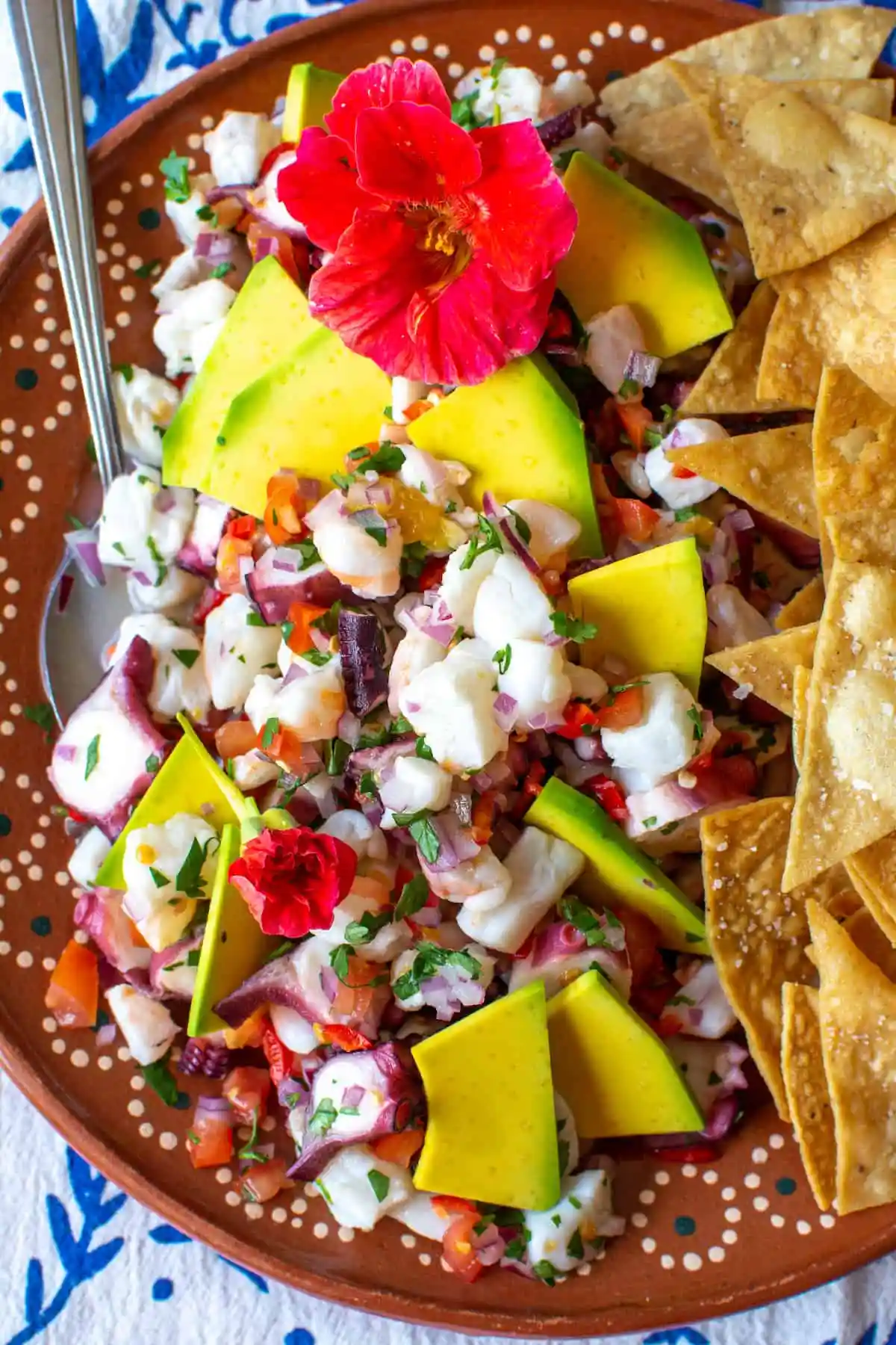 A terracotta plate of ceviche topped with avocado and a spoon sticking out of one side.