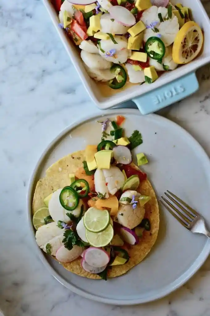 Scallop ceviche on a tostada shell