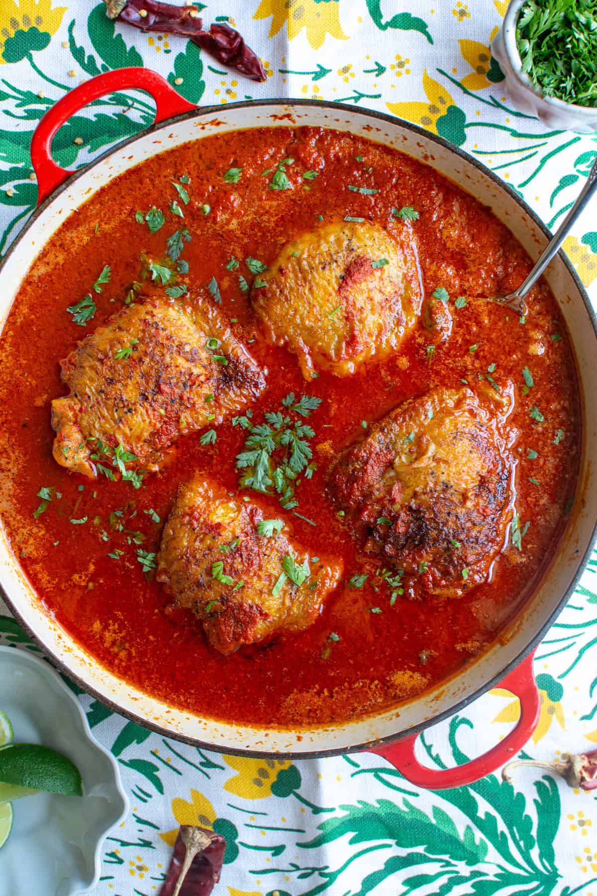 A pan of pollo a la diabla (chicken in red sauce)