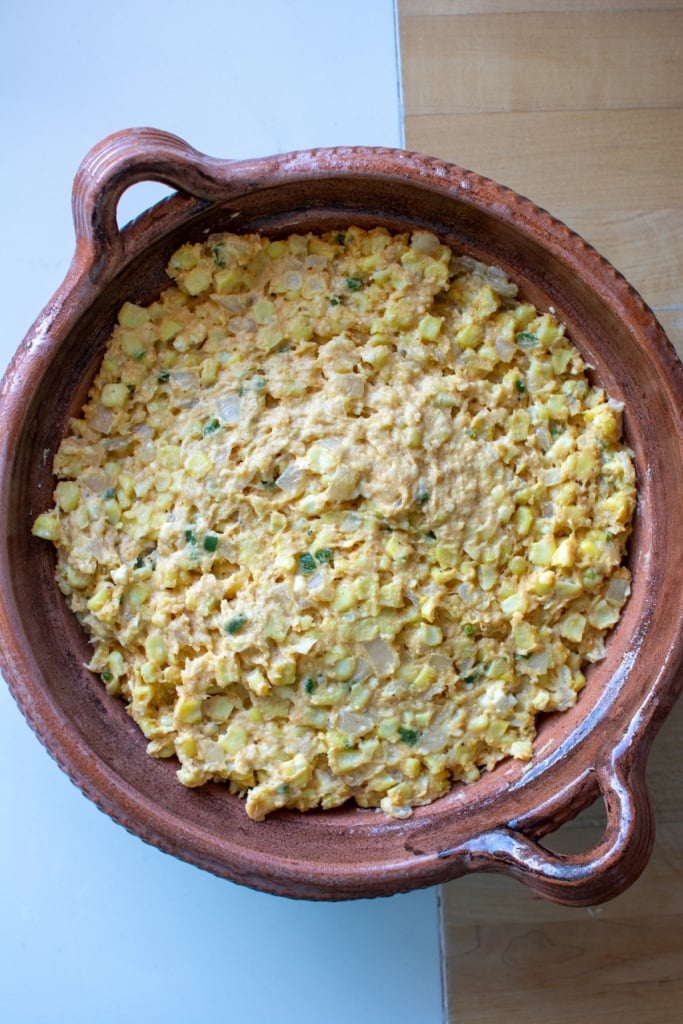 the batter in the baking dish before being baked