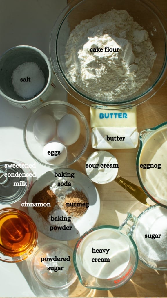 All the ingredients to make eggnog tres leches cake 