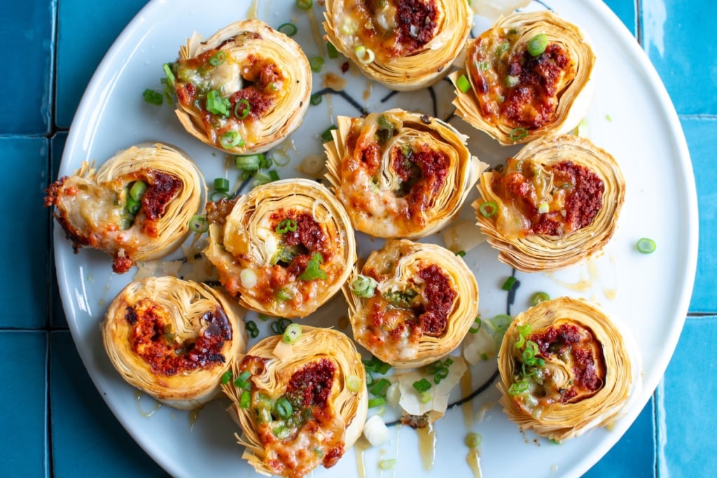 a platter of choriqueso pinwheel appetizers