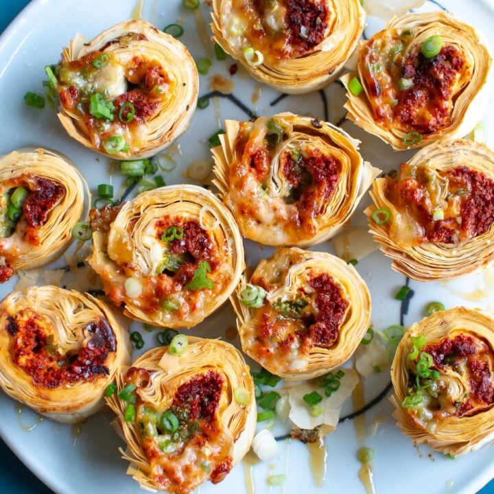 a platter of choriqueso pinwheel appetizers