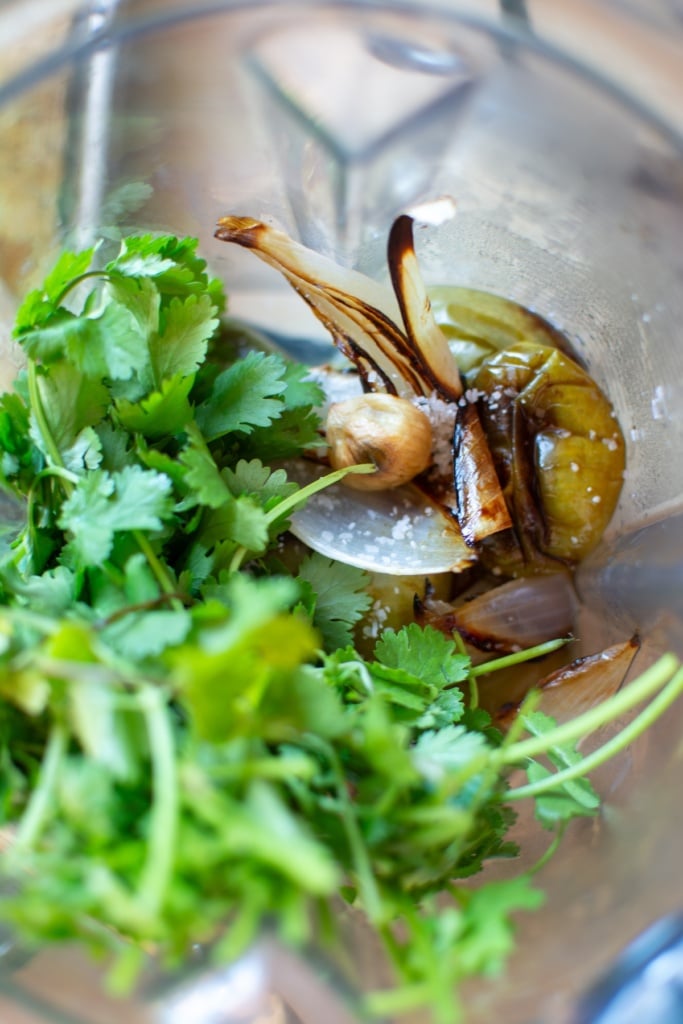 All the ingredients for the chili verde sauce in the blender