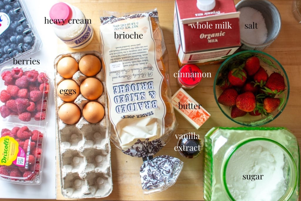 all the ingredients for making French toast casserole with berries