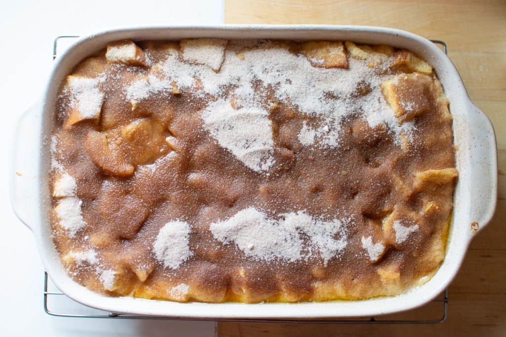 cinnamon and sugar on top of bread pudding