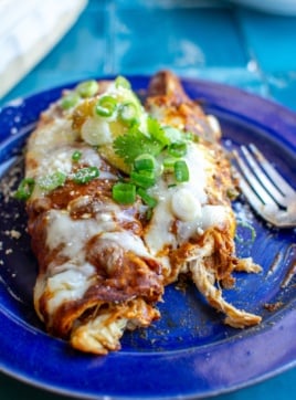 A Plate of chicken enchiladas with avocado on top.