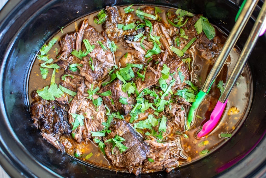 The meat after being cooked in a slow cooker. 