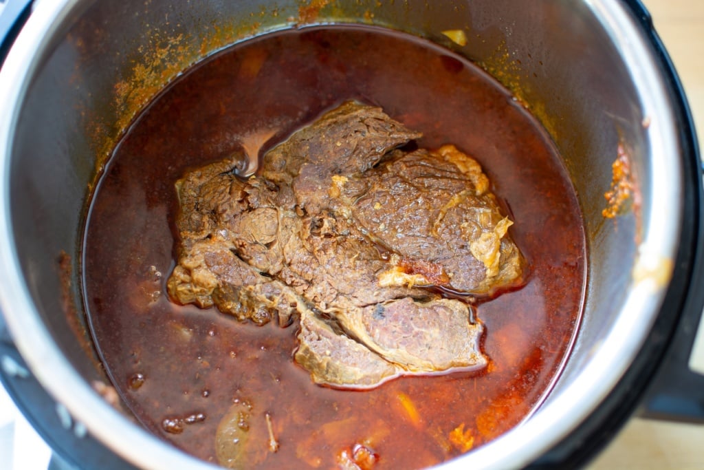 The meat after being cooked in the Instant Pot