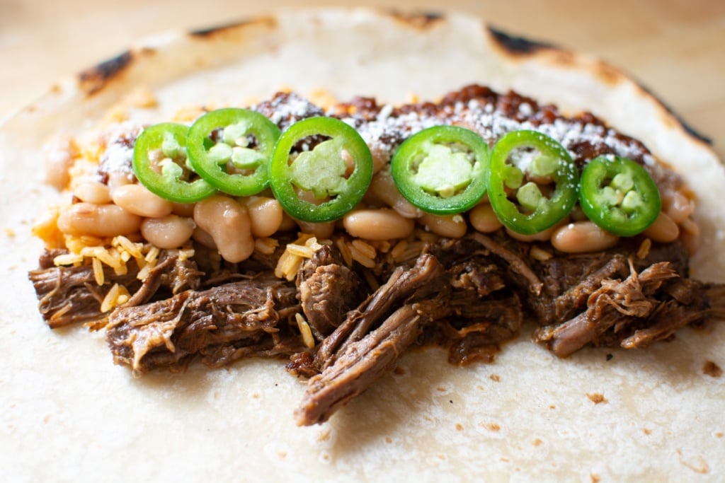 The filling ingredients in the tortilla
