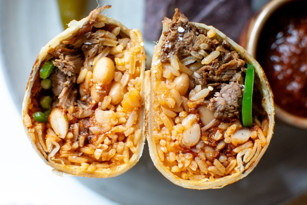 the burrito cut in half