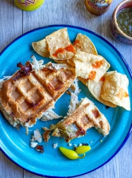 chicken chile torta on a blue plate