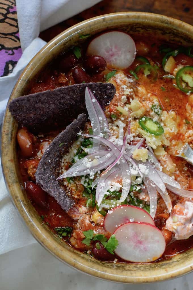 chili topped with chips
