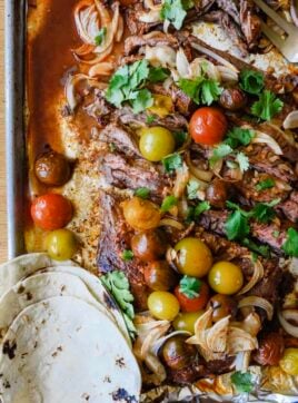 flank steak covered with cherry tomatoes on a baking sheet