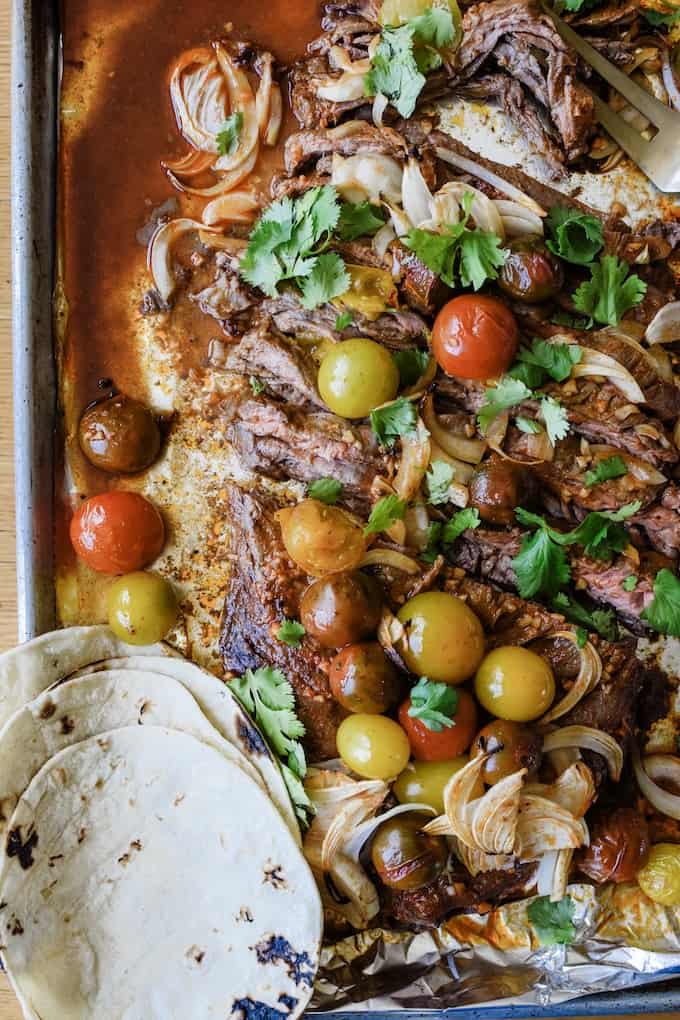 a steak on a sheet pan topped with tomatoes