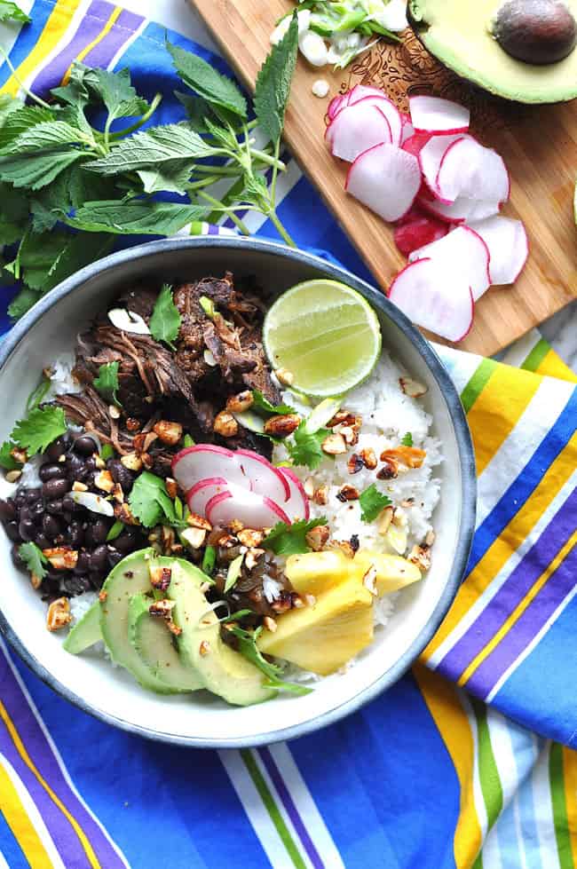 a rice bowl with shredded beef on top