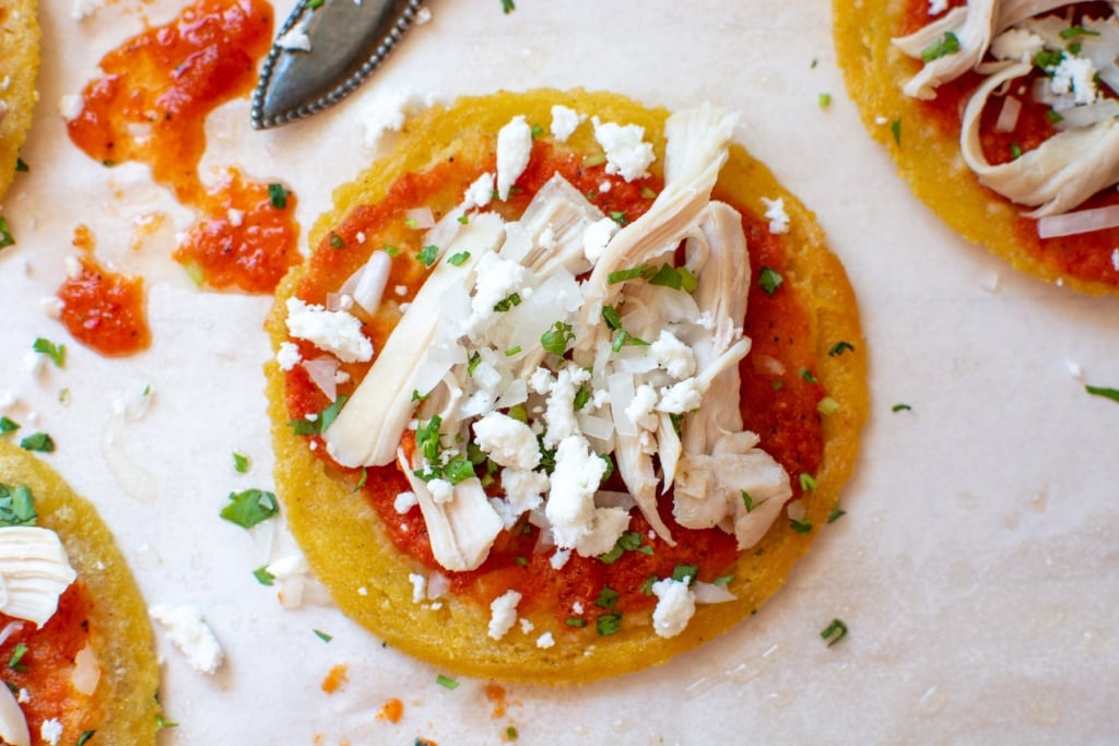 chalupa topped with salsa, shredded chicken and cilantro