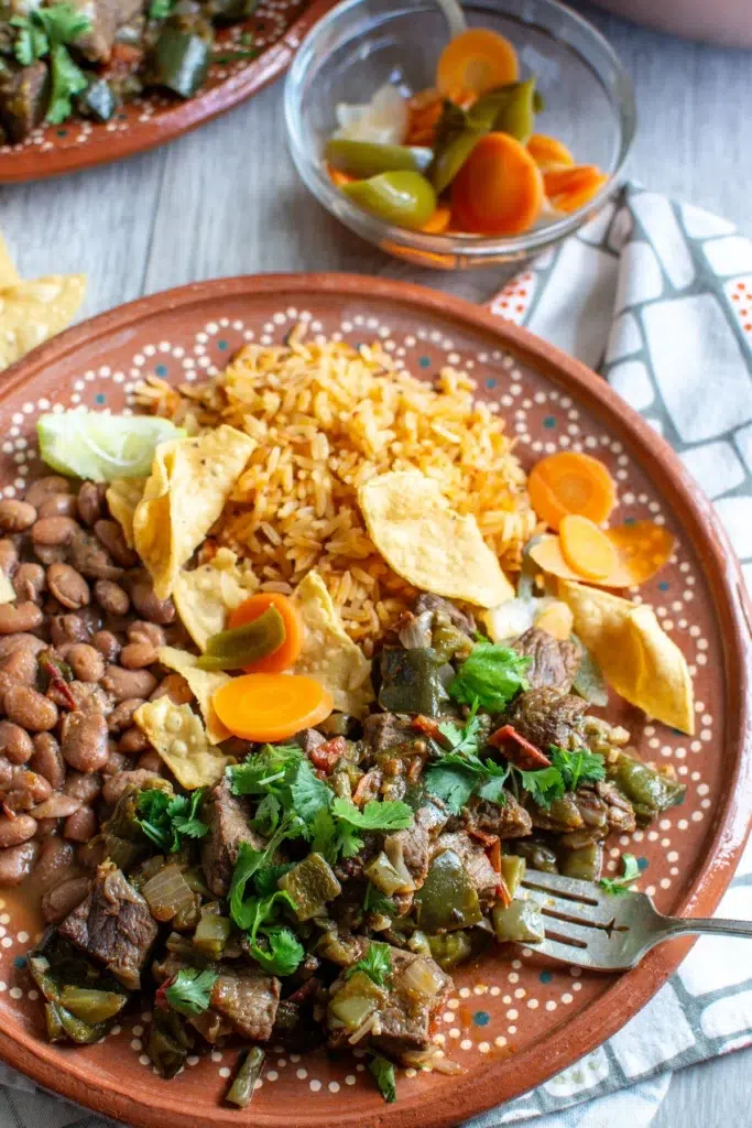 cactus and shredded beef with a side of rice.