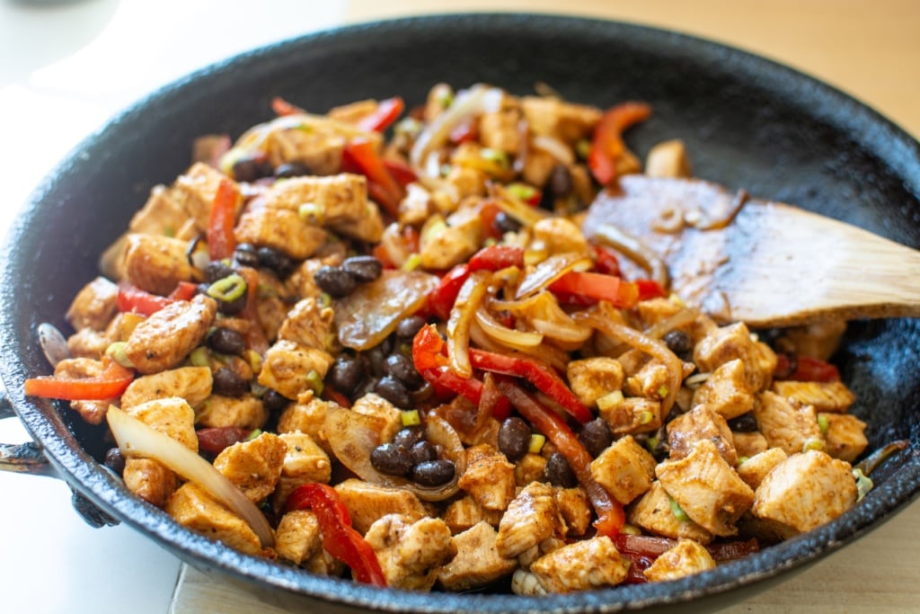 the chicken filling in a black skillet
