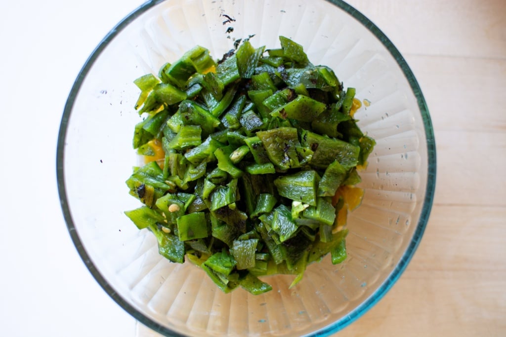 diced peppers in a glass bowl