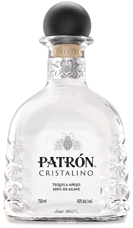 Bottle of Patrón Cristalino clear aged tequila