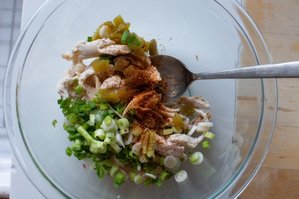 chicken filling in a glass bowl