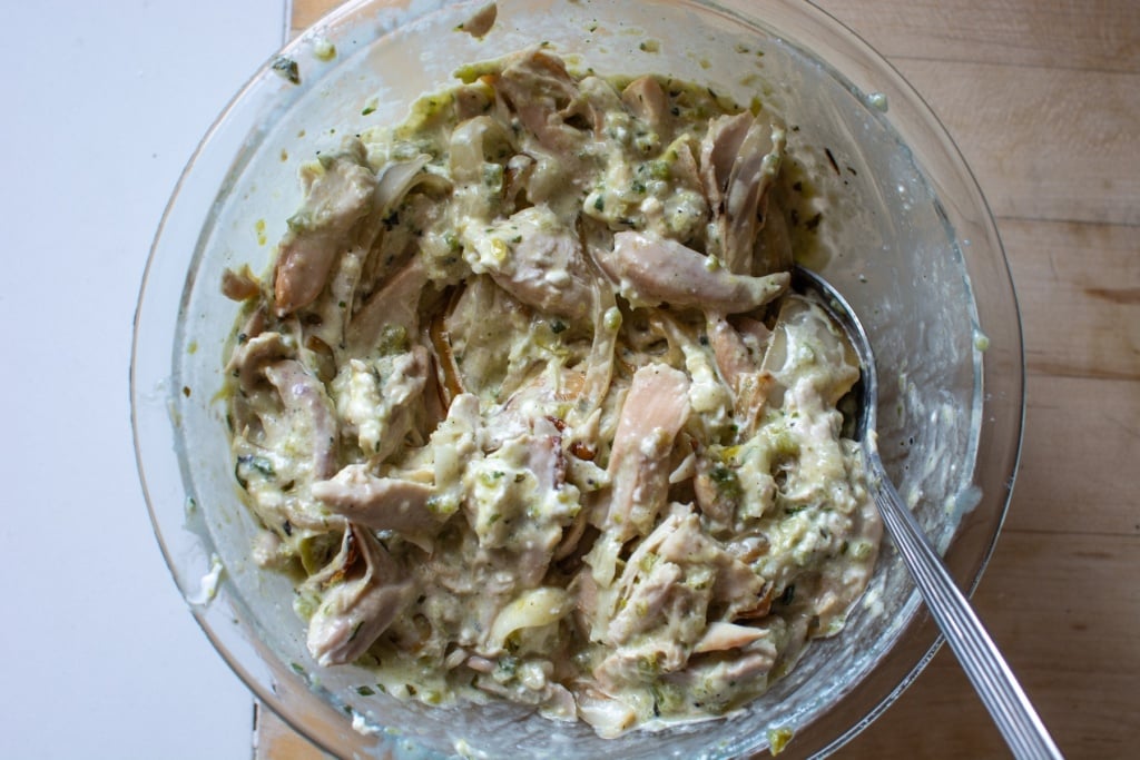chicken filling in a glass bowl