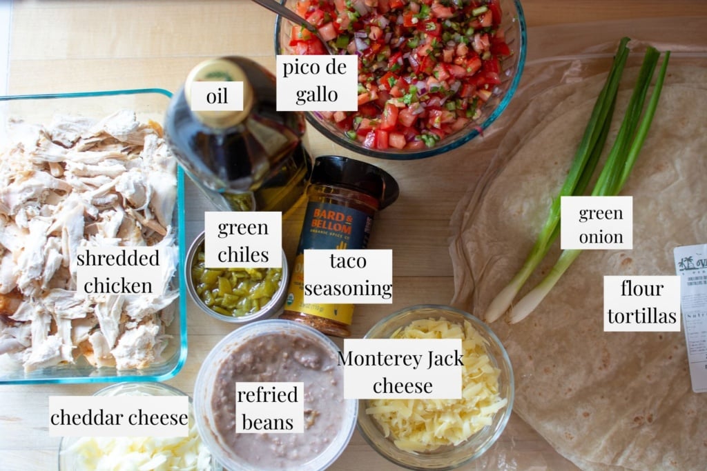 All the ingredients needed for chicken chimichangas