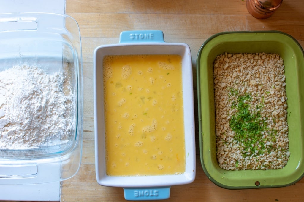 flour, egg, and panko in three dishes