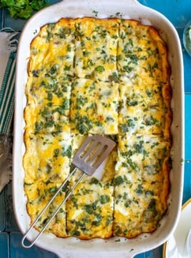 chile rellenos casserole with a piece missing