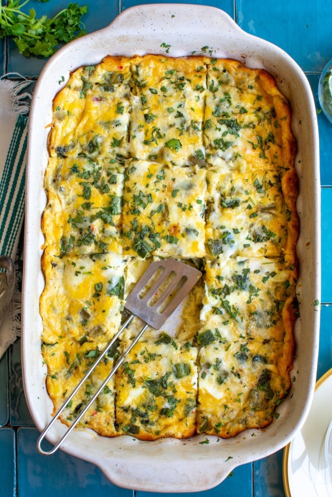 chile rellenos casserole with a piece missing