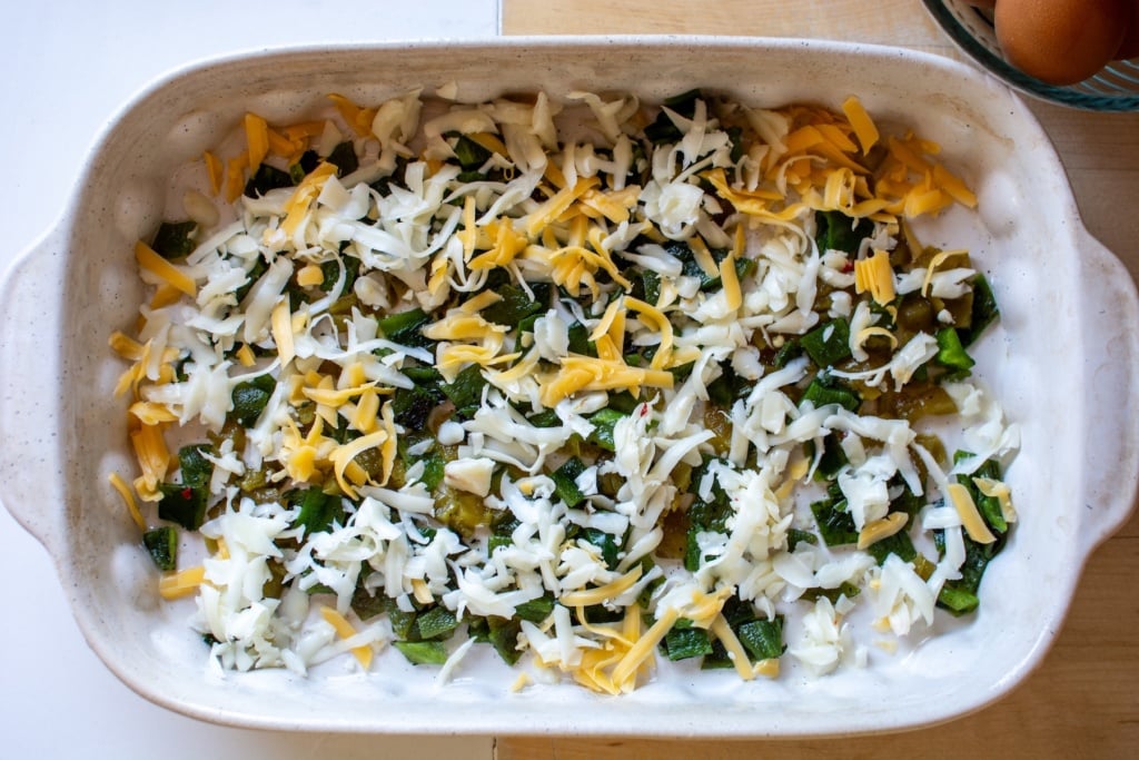 chiles and cheese in a casserole dish