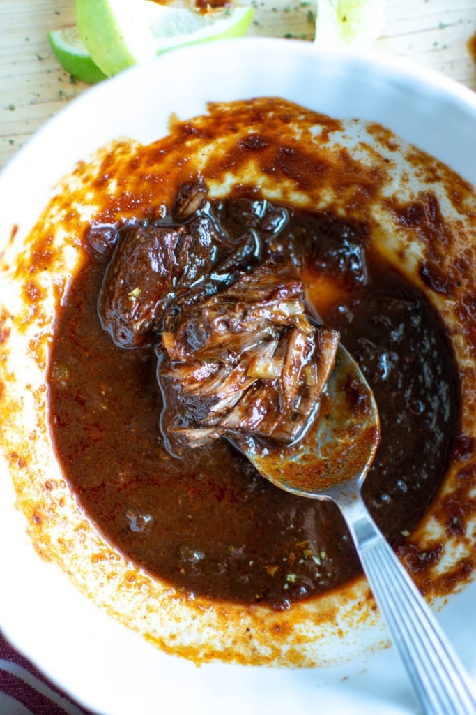 red chili beef in a white bowl