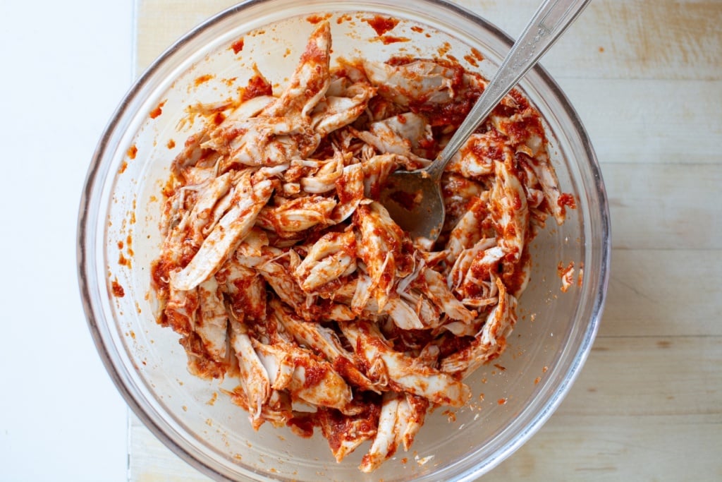 shredded chicken in a bowl tossed with salsa